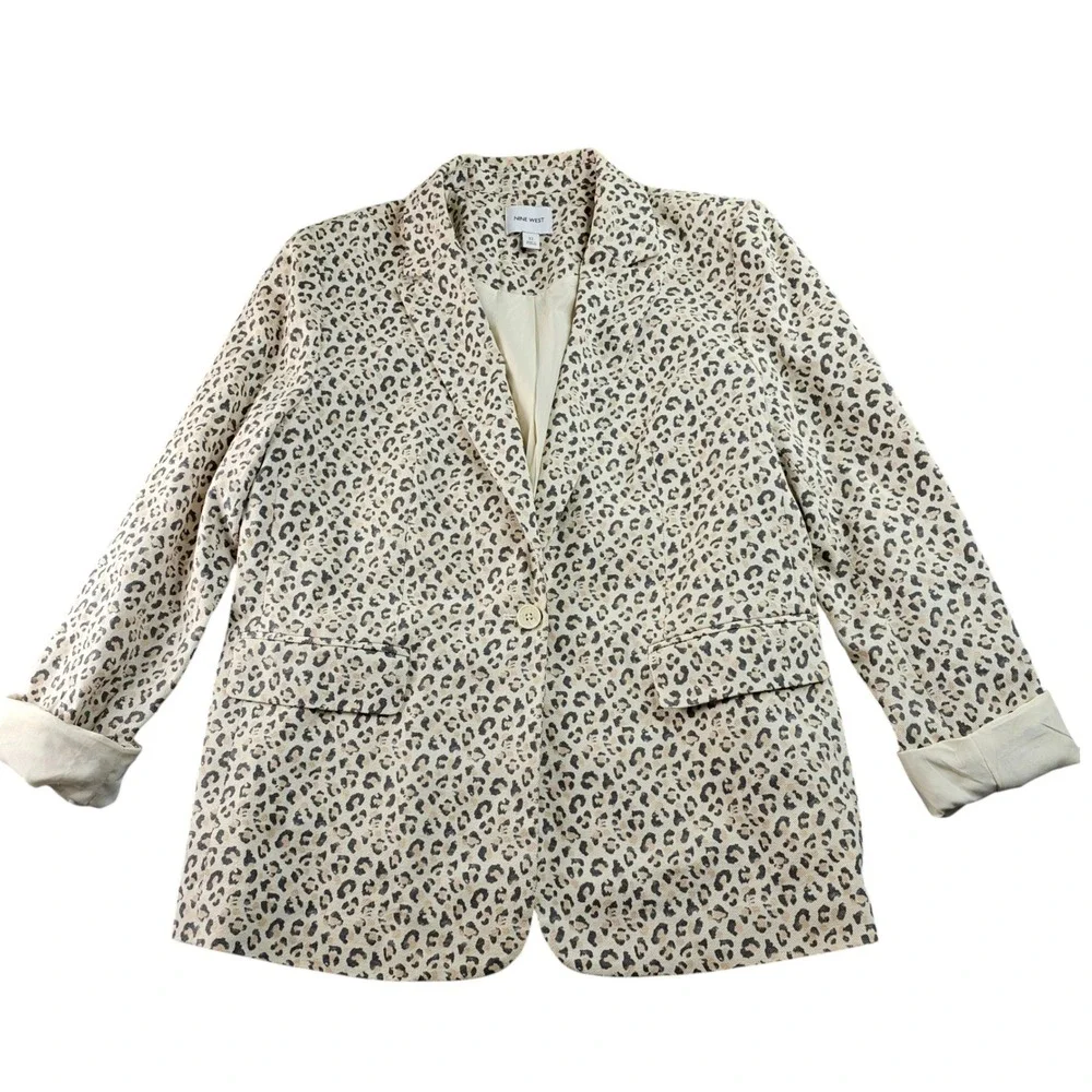 Nine West Blazer Jacket Women's 12 Beige‎ Black Leopard Print Formal Notch Lapel